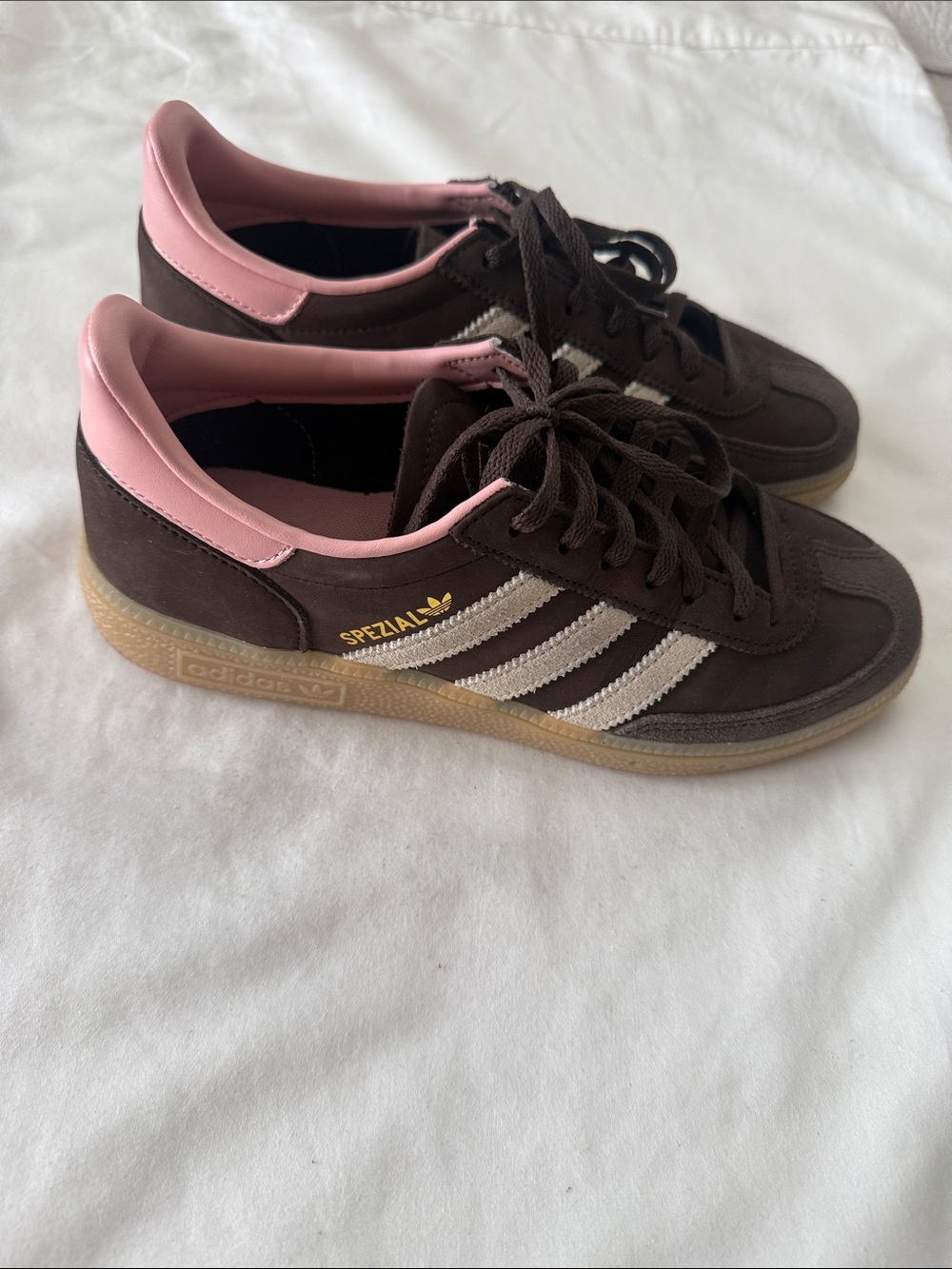 Adidas Brown Suede Sneakers with Pink Collar and White Stripes